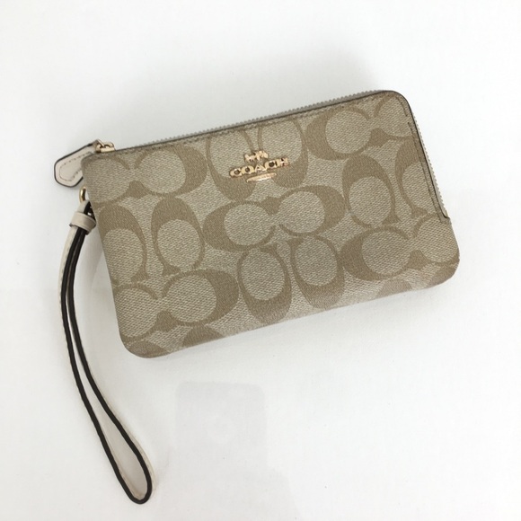 Coach Monogram Wristlet Cream Tan Coated Canvas Gold Tone Hardware Double Zip - Picture 1 of 10